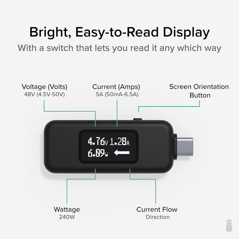 Plugable USB C Power Meter Tester for Monitoring USB-C Connections up to 240W - Digital Multimeter Tester for USB Type C Cables, Laptops, Phones, Chargers - Driverless - Image 3